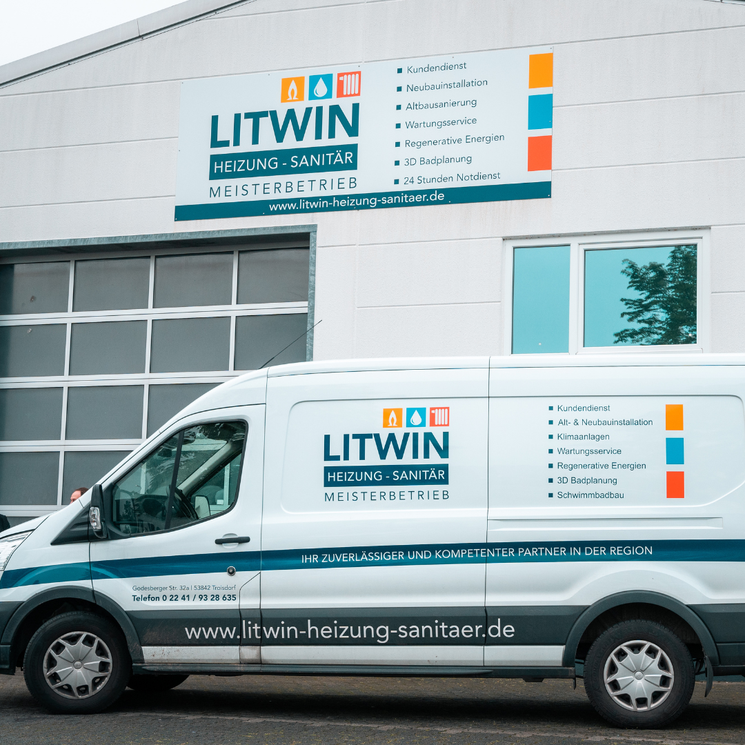 Firmengebäude und Servicewagen von Litwin Heizung Sanitär GmbH aus Troisdorf